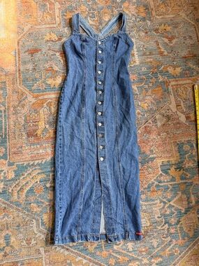 Vintage BONGO Gene Montesano Denim Maxi Dress Made in USA Button‎ Front Corset 5